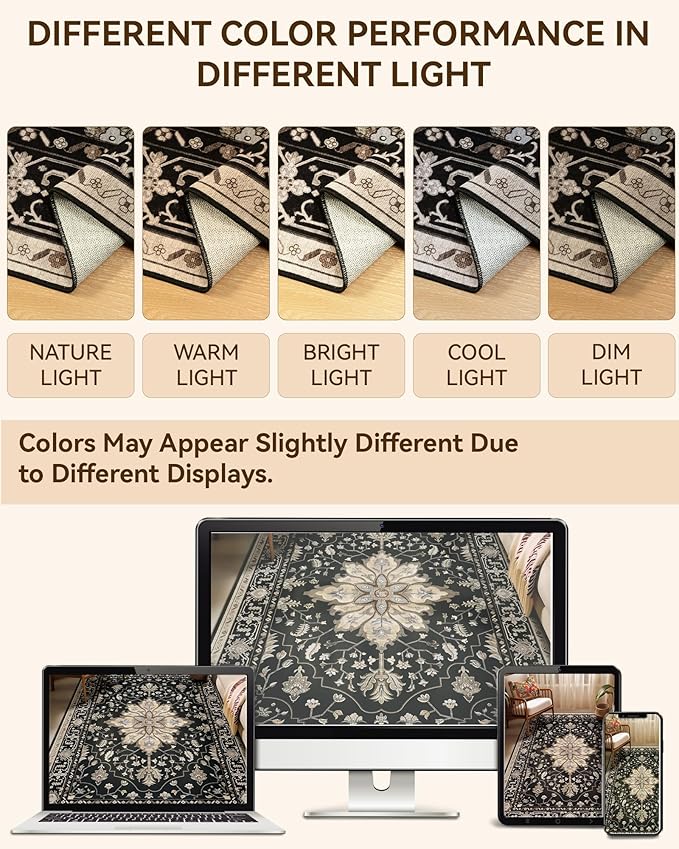 Area Rugs 2'x8' Washable Non-Slip, Floral Vintage Distress Print Pattern Medallion Carpet for Living Room Bedroom Dining Room, Black Brown Neutral Dark Tan