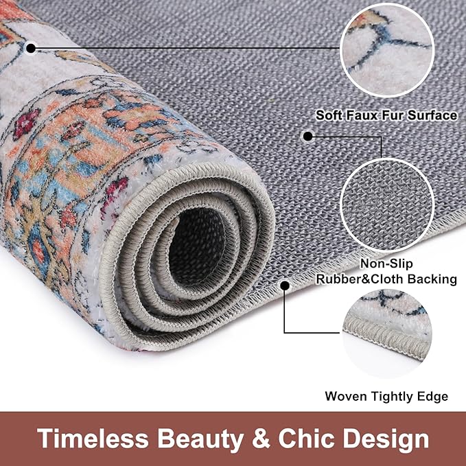 COMSLE Area Rug 4x6 Faux Wool Rugs for Kitchen, Boho Washable Throw Rugs Non-Slip Distressed Carpet Soft Accent Floor Rug for Bedroom, Living Room, Laundry Room (Rust Red)