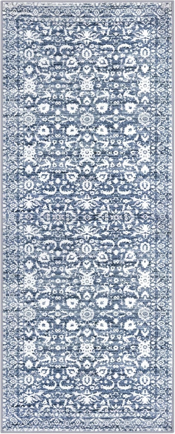 Vintage Floral 2x5 Runner Rug, Light Blue White Washable Kitchen Runner Rug Non-Slip Hallway Rug Runner Super Soft Thin Printed Faux Wool Carpet for Entryway Bedroom Bedside Laundry Room Indoor