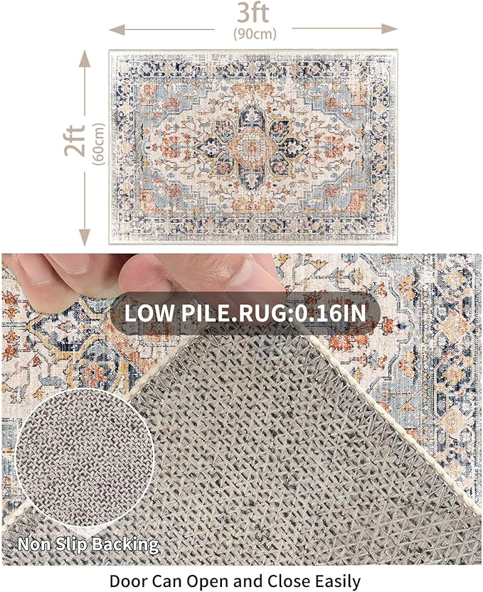 Enkor Area Soft Rugs 2x3 Washable Non Slip Boho Small Floor Entryway Rugs for Living Room Bedroom, Vintage Style Farmhouse Mat for Kitchen Orange & Black