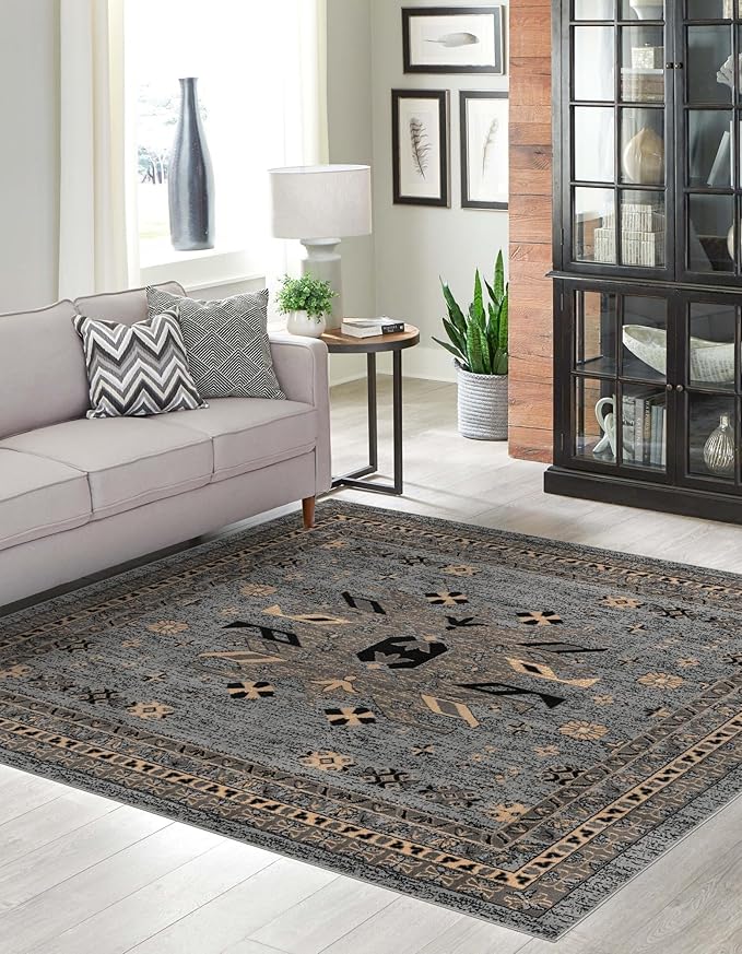 Unique Loom Taftan Collection Border Geometric Tribal Inspired Design Area Rug (8' 0 x 8' 0 Square, Gray/ Black)