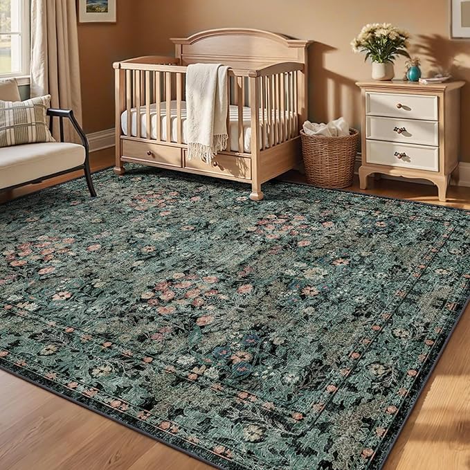 Dark Green Boho 5x7 Area Rugs for Bedroom Aesthetic, Washable Floral Rug for Living Room, Nursery - Low Pile Non Slip French Country Carpet for Dining Room Under Table - Botanical Mat for Indoor