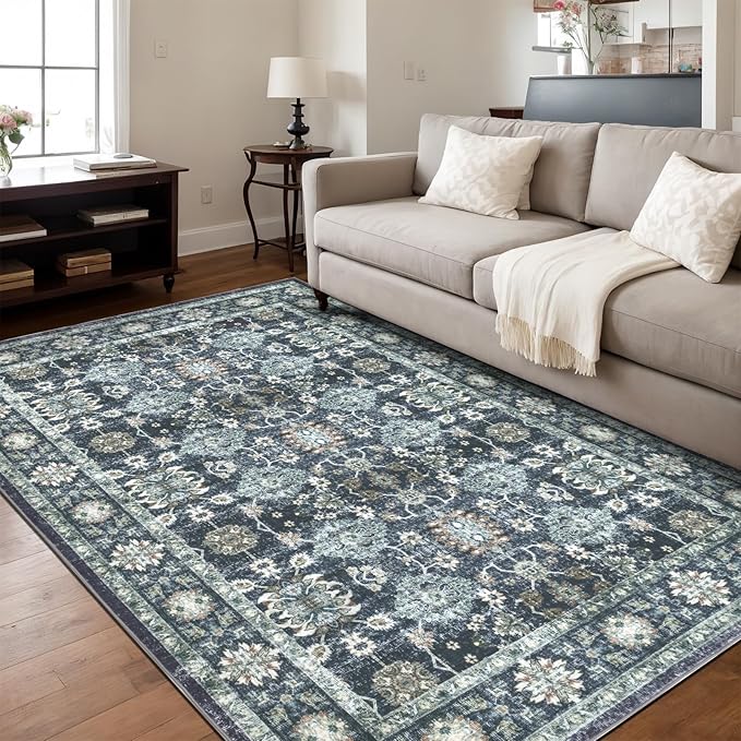 Washable 5×7 Area Rug for Living Room, Vintage Floral Rug Soft Non Slip Stain Resistant Boho Carpet for Indoor Bedroom Dinning Room Home Office Blue/Navy