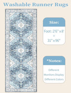 SERISSA Boho Washable Runner Rug, 2'6"x8' Non-Slip Vintage Blue Hallway Kitchen Runner Rug Ultra Soft Print Distressed Floor Carpet for Bedroom Bathroom Laundry Living Room