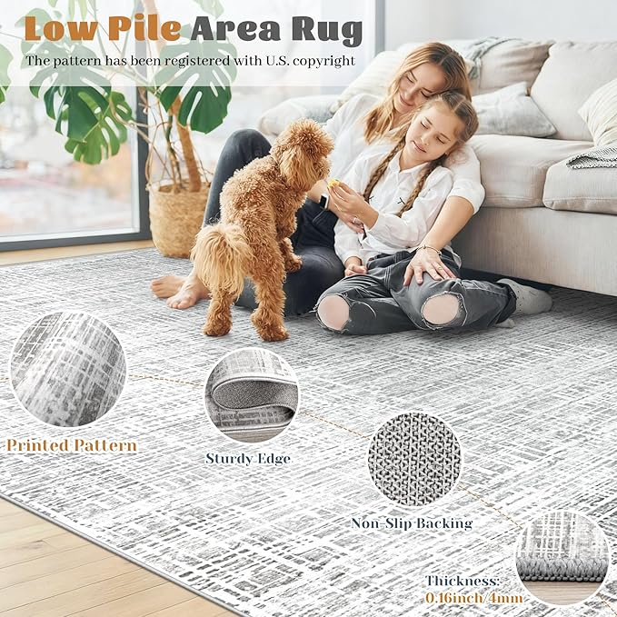 5x7 Area Rugs for Living Room, Washable Large Area Rug Neutral Modern Abstract Bedroom Rug Soft Non Slip Low Pile Stain Resistant Indoor Carpet for Nursery Kids Dining Room Office(Grey, 5'x7')