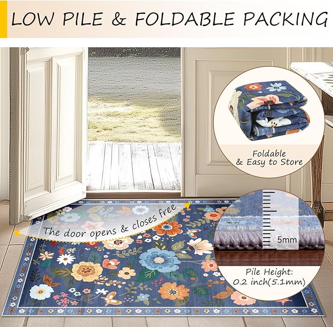 Floral 4ft Area Rug Machine Washable Soft Print Boho Carpet Non Slip Doormat Low Pile Flower Area Rugs for Living Room Bedroom Nursery Kitchen Dining Room Indoor-Blue/Grey