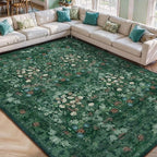 Washable Farmhouse Green 9x12 Rug for Living Room - Boho Floral Art Deco Area Rug for Bedroom, Dining Room Under Kitchen Table, Large Distressed Low Pile Non Slip Carpet - Soft Botanical Mat