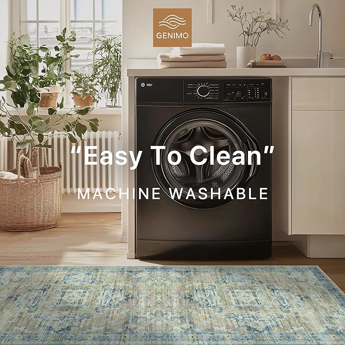 GENIMO Machine Washable 8x10 Area Rugs for Living Room, Non Slip Vintage Rugs, Low Pile Lightweight Chenille Print Rug for Bedroom, Dining Room, Home Office, Fade Blue