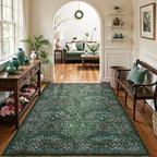 Lahome Floral Washable Rugs 5x7, Soft Green Rugs for Bedroom Living Room, Boho Non Slip Low Pile Forest Stain Resistance Large Throw Carpet for Farmhouse Dining Room Office, Dark Green