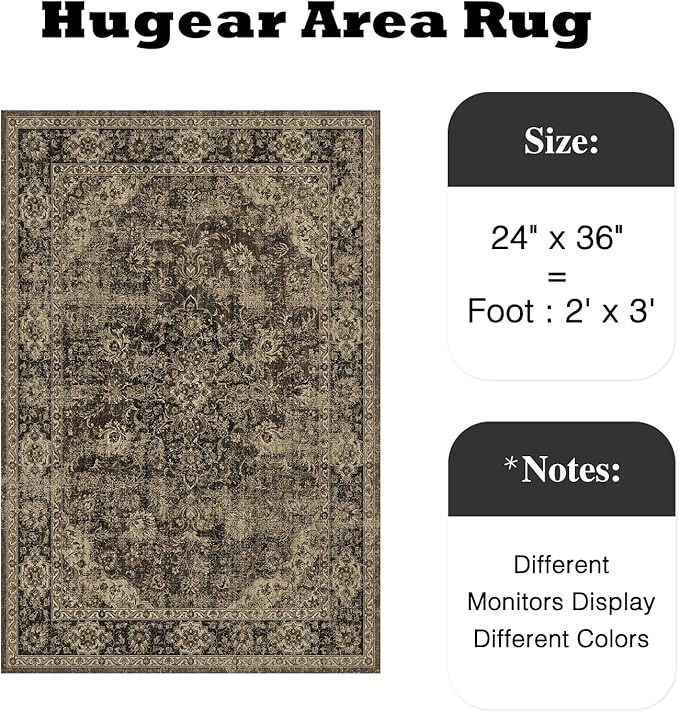 HUGEAR 2x3 Entryway Area Rug Retro Brown Small Rug Machine Washable Door Mat Vintage Floral Low Pile Carpet Distressed Throw Rug Entrance Kitchen Bathroom Bedroom Office Non Slip Soft Lightweight