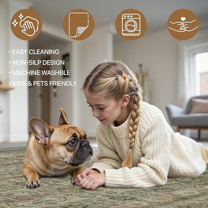 6x9 Area Rug Machine Washable Boho Rug for Living Room,Ultra-Thin Low Pile Carpet,Lightweight Indoor Printed Rug,Non Slip Floral Area Rug for Bedroom, Dining Room, Home Office,Sage