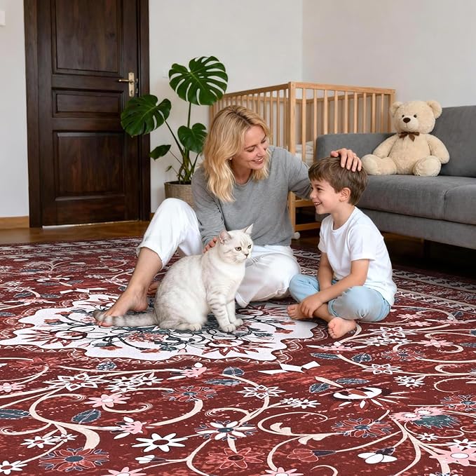 Luxury 5' x 7' Red Washable Area Rugs, Boho Low Pile Easy Clean Non-Slip Rug, Floral Medallion Pattern Vintage Rugs for Living Room, Dinning Room, Office, Bedroom, Bathroom, Laundry Room, Farmhouse