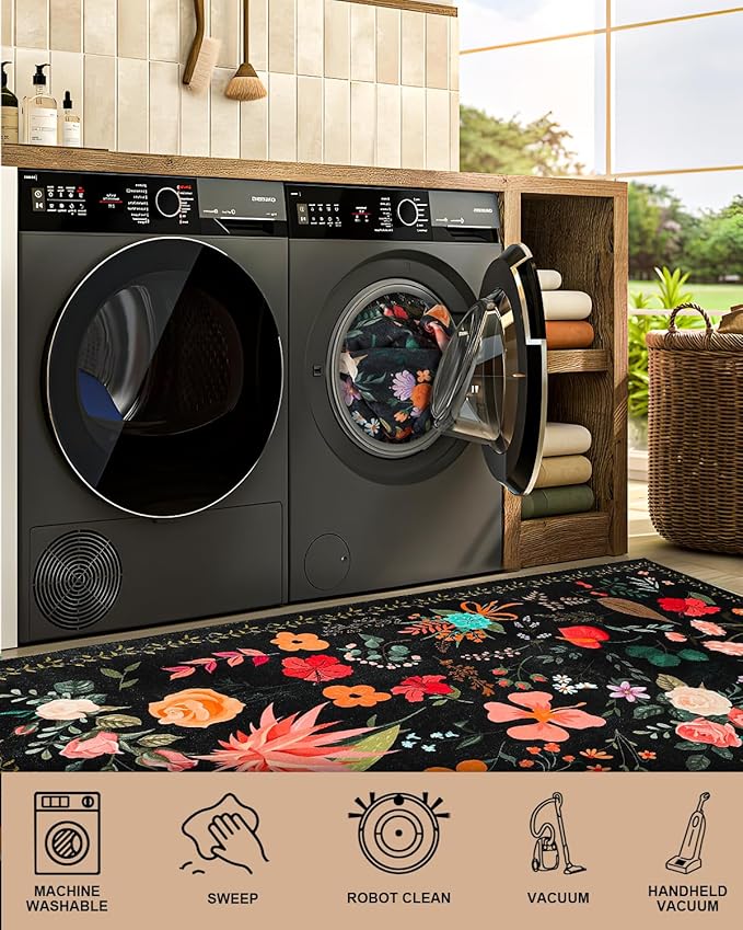 Boho Washable Area Rug 4x6 – Floral Low Pile Non-Slip Carpet for Living Room, Bedroom, Office, Playroom, Entryway, Kitchen, Dining Room (Black)