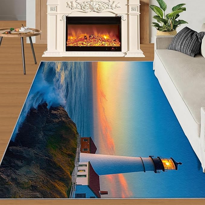Coastal Rugs for Bedroom - 5x7 Area Rug - Ocean Lighthouse Rugs for Living Room, Sunset Ocean Scenery Rug, Non-Slip Washable Home Decor Carpet