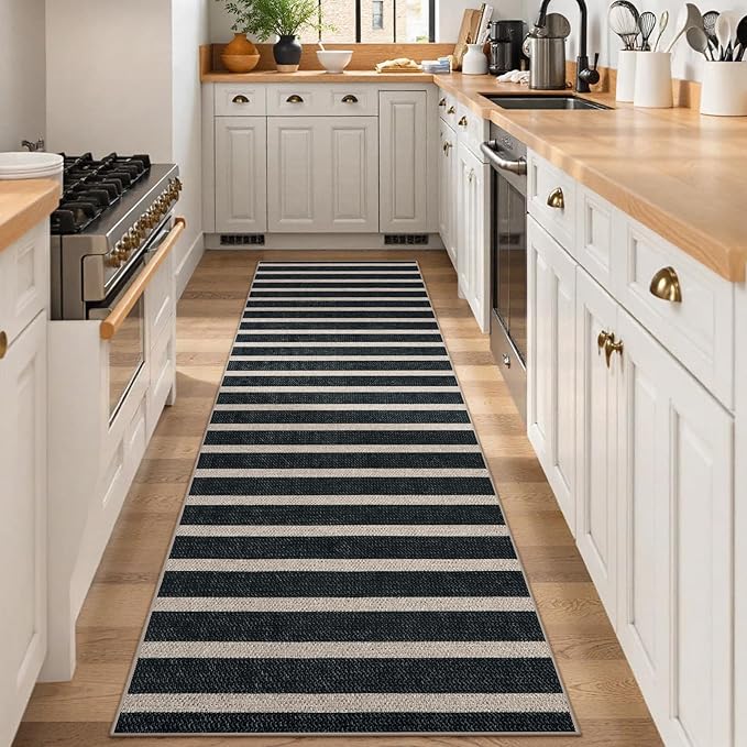 Lahome Striped Easy Jute Runner Rug, 2x8 Kitchen Rug Non Slip Washable Outdoor Runner for Entryway Indoor, Farmhouse Black Indoor Outdoor Carpet for Hallway 8ft Entry