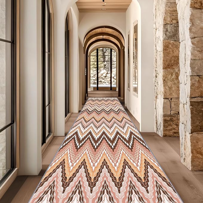 Brown Pink White Wave Runner Rug, 2x8ft Soft Tone Hallway Decor Carpet - Modern Home Corridor & Foyer Long Rug Non-Slip Mat, Washable Flannel Material, Bedroom Stylish Accent Rugs