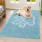 Smiry Dog Door Mat for Muddy Paws, Absorbent Dirt Trapper Non Slip Quick Dry Washable Chenille Mat for Mud Dogs, Entry Rug for Indoor and Outdoor (40x32 Inches, Sky Blue and White)