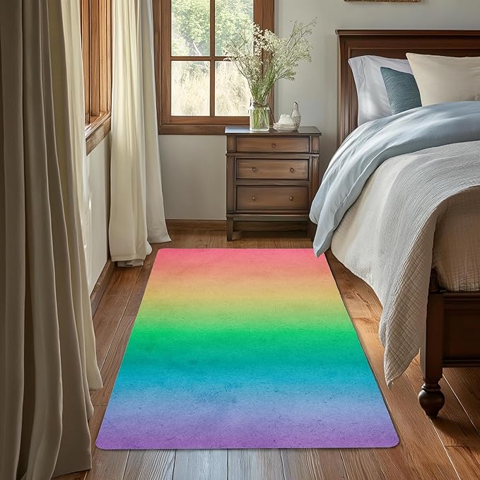 Rainbow Washable 3x5 Area Rugs for Living Room, Thin Low Pile Contemporary Carpet, Non-Slip Base Lightweight Rug