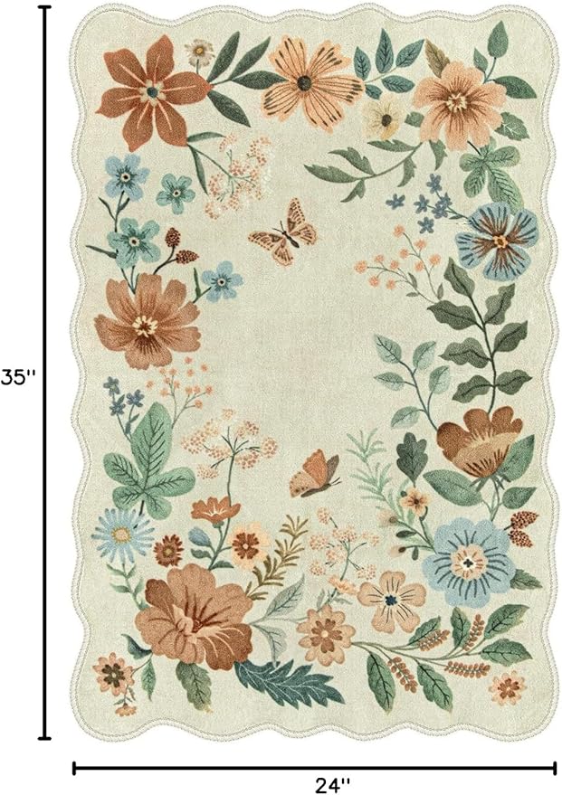 Lahome Floral Small Rug, 2X3 Kitchen Rugs Non Slip Washable Rug Ultra-Thin, Soft Front Door Mat Indoor Entrance Stain Resistant Boho Low-Pile Entry Carpet for Bathroom Bedroom(2x3ft,Beige)