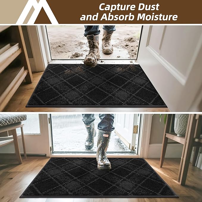 COSY HOMEER Plaid Door Mat 20" x 32",Dirt Trapper Entryway Rugs,Non-Slip Washable Farmhouse Doormat,Low Profile Welcome Mats for Paws Black
