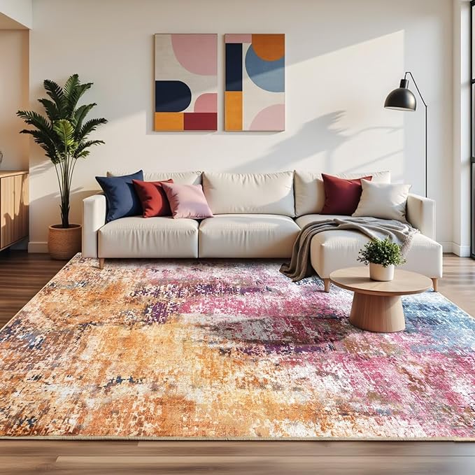 Washable Abstract Rug, 4x6 Modern Area Rugs with Non-Slip Rubber Backed for Living Room, Thin but Soft Contemporary Carpet Kitchen Bedroom Decor, Galaxy