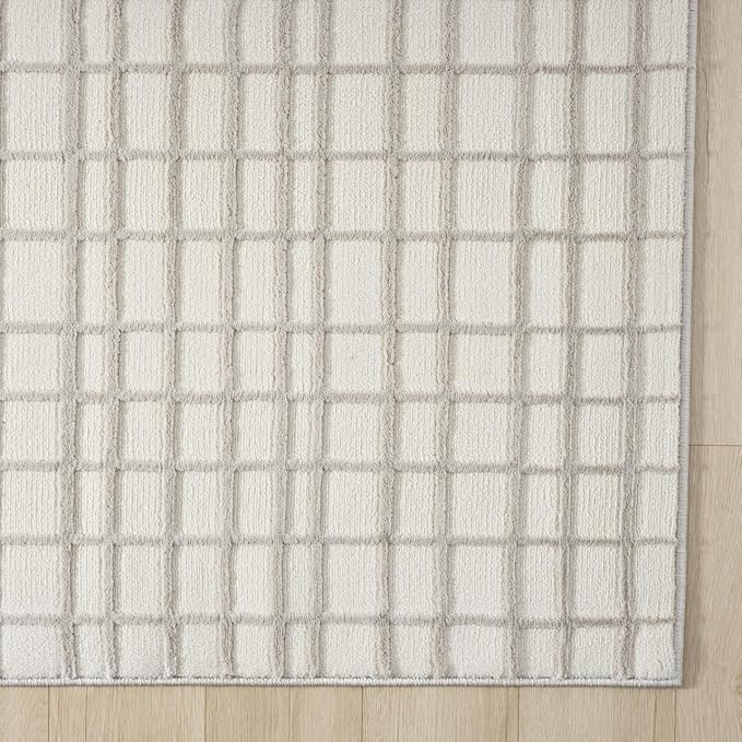 Abani Cream Grid Textured Area Rug - 4' x 6' - Chunky, Plush and Soft Washable Carpet - Perfect for Living Room & Bedroom - Plush Deco Collection