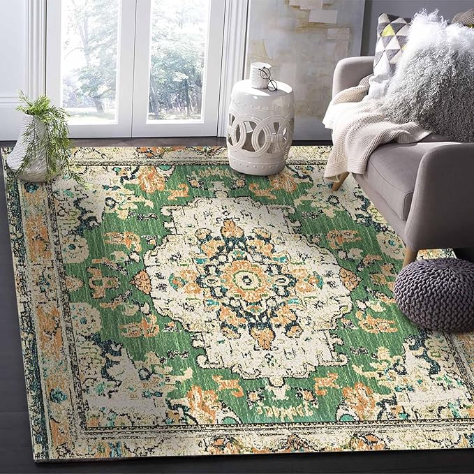 Bohemian Pattern Rectangular Area Rugs for Living Room Bedroom 2.8 x 5 ft Green & Orange Abstract Non-Shedding Soft Low Pile Rug Non Slip Washable Rug for Nursery Entryway Playroom