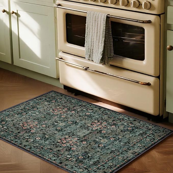 Boho Floral Washable Entry Small Rug, 2x3 Dark Green Distressed Kitchen Throw Rug - Soft Cottagecore Botanical Floor Mat for Bathroom, Laundry, Front Door, Indoor Entrance with Low Pile, Non Slip