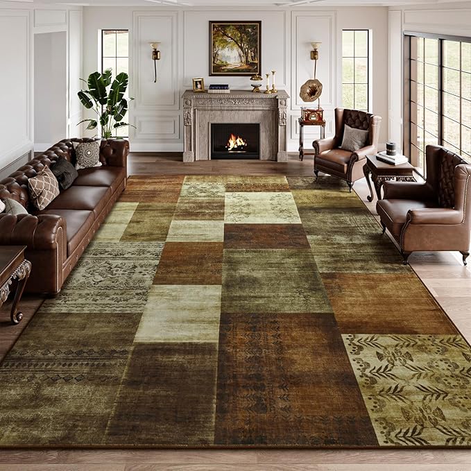DweIke Washable Area Rugs for Living Room, 6x9 Large Bedroom Rugs, Geometric Print Non Slip Low Pile Indoor Throw Carpets for Bedroom Apartment Dining Room Home Office Hardwood Floor, Brown