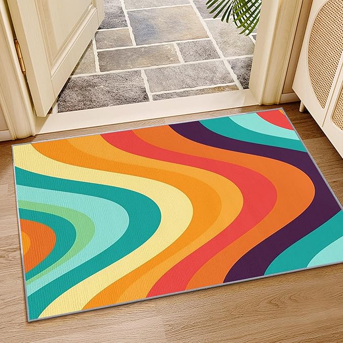 Retro Rugs for Living Room 70s - 7x9 ft, Abstract Wave Rug, Colorful Rainbow Rugs For Living Room Bedroom, Groovy Geometric Washable Area Rug Soft Carpet, Mid Century Retro 70s Home Decor & Gift
