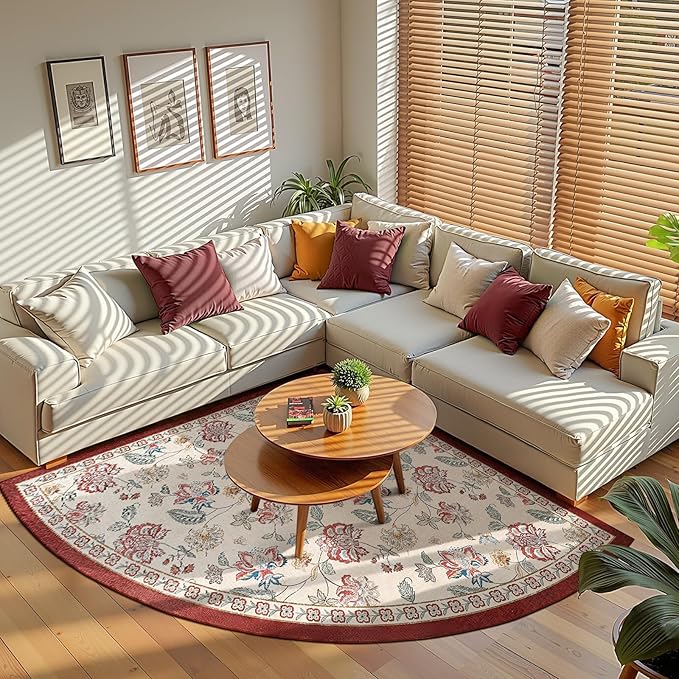 jinchan Elora Floral Corner Rug for Kitchen Washable Nursery Rug Vintage Romance Design Non Slip Quarter Circle Lightweight Low-Pile Throw Carpet for Playroom Reading Nook Office 5ft Radius, Red/Beige