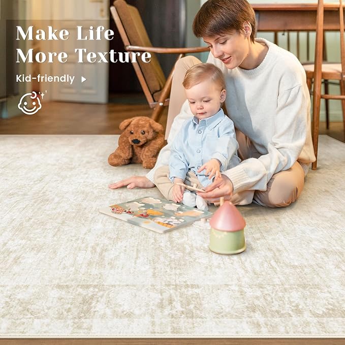 6x9 Area Rugs for Living Room: Washable Vintage Floral Rug Low Pile Non-Slip Boho Carpet for Bedroom Nursery Dining Room (Beige, 6'x9')