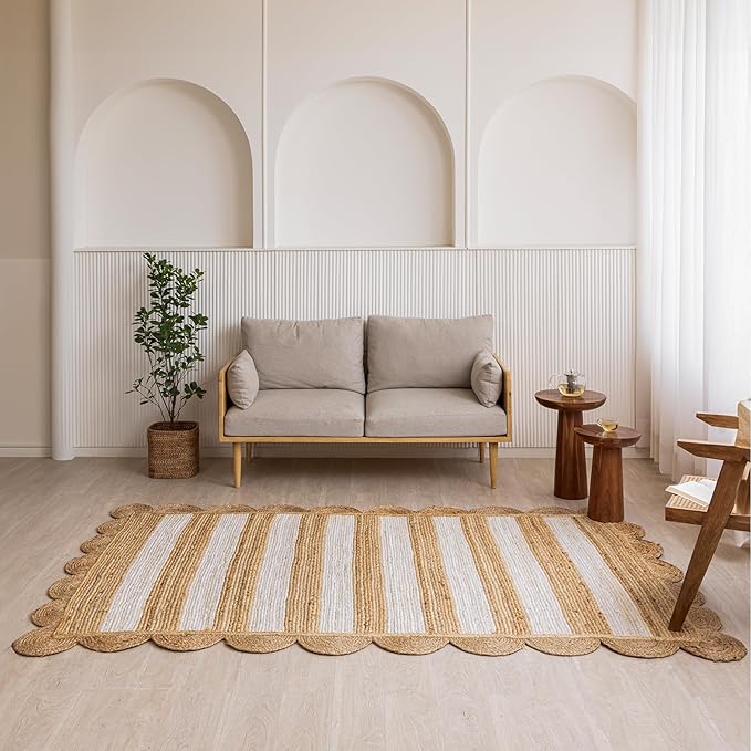 HOMEMONDE Scalloped Jute Area Rug 8'x10' Natural Stripe - Boho Home Décor Farmhouse Style Eco-Friendly Fiber Rug Hand Braided Rustic Vintage for Living Room, Bedroom, Dining Room, Hallway, Kitchen
