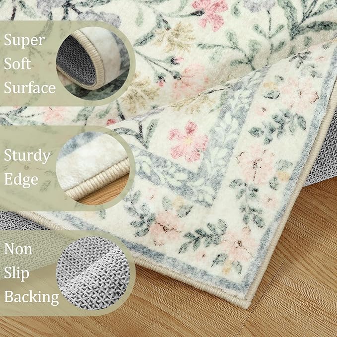 Morebes Boho 8x10 Area Rugs for Living Room, Large Beige Floral Rug for Bedroom Girls Nursery Non Slip, Soft Distressed Indoor Carpet for Dining Room Home Office, Cream