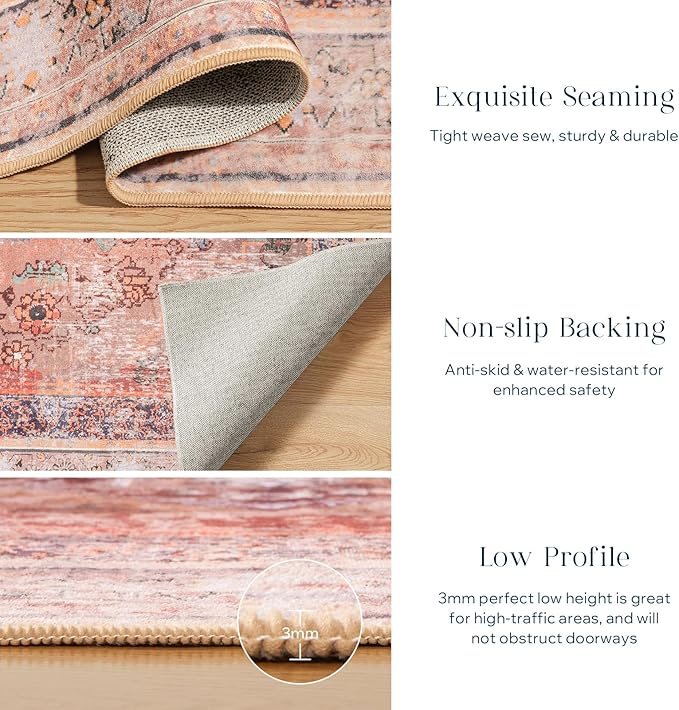 Phantoscope Washable Area Rug 4'x6' Non-Slip, Vintage Neutral Fall Rugs for Living Room, Bedroom, Dining Room, Distressed Boho Medallion Pattern, Low-Pile Foldable Floor Carpet, Rust Orange
