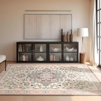 Phantoscope Washable Area Rug 6'x9' Non-Slip, Vintage Boho Rugs for Living Room, Bedroom, Dining Room, Persian Floral Medallion Pattern, Low-Pile Foldable Floor Carpet, Ivory Rose/Fall Bloom