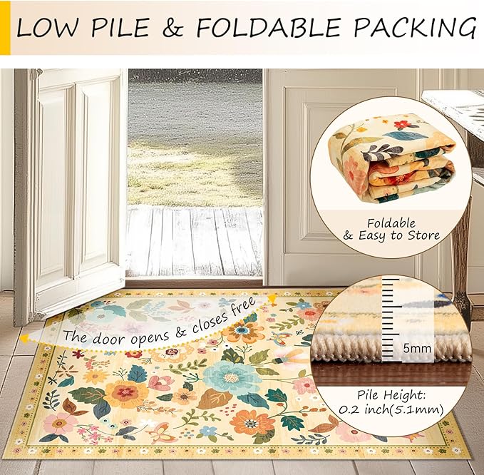 Floral 4ft Area Rug Machine Washable Soft Print Boho Carpet Non Slip Doormat Low Pile Flower Area Rugs for Living Room Bedroom Nursery Kitchen Dining Room Indoor-Ivory/Yellow