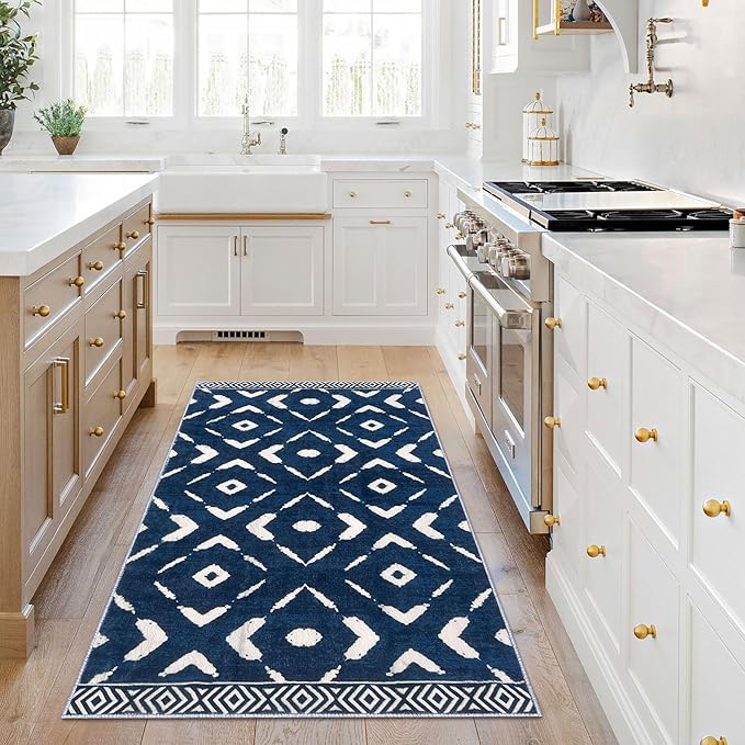 KILOCOCO Area Rug 3'x5' Rug for Entryway Washable Printed Bedroom Rugs Non Slip Boho Low-Pile Soft Rugs for Kitchen Dining Geometric Moroccan Carpet, Blue