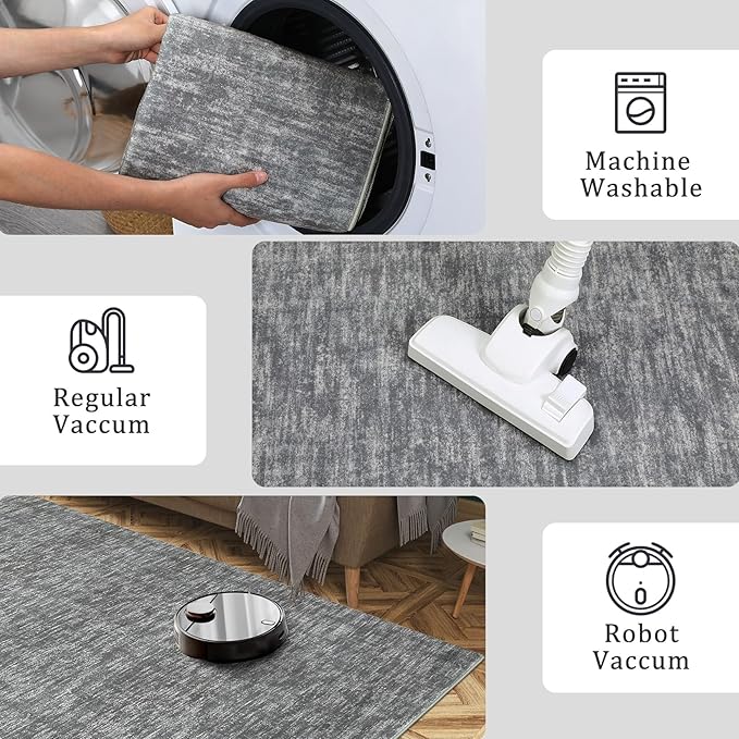 RUGSREAL Small Area Rug 2x3 Entryway Rug Washable Contemporary Bath Mat Modern Solid Indoor Throw Carpet Machine Washable Non-Slip Low-Pile Area Rug for Living Room Bedroom Laundry, 2' x 3' Grey