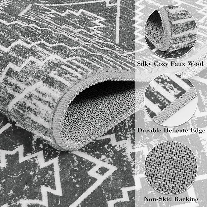 Wonnitar Moroccan 3x5 Washable Area Rug, Boho Living Room Rug, Non-Slip Farmhouse Rustic Bedroom Throw Mat, Non-Shedding Soft Geometric Floor Carpet for Kitchen Entry Office (Dark Grey,3'x5')