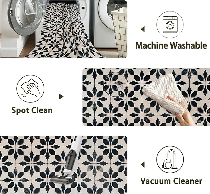 Black Beige Vintage Washable 5x7 Area Rugs for Living Room, Thin Low Pile Contemporary Carpet, Non-Slip Base Lightweight Rug