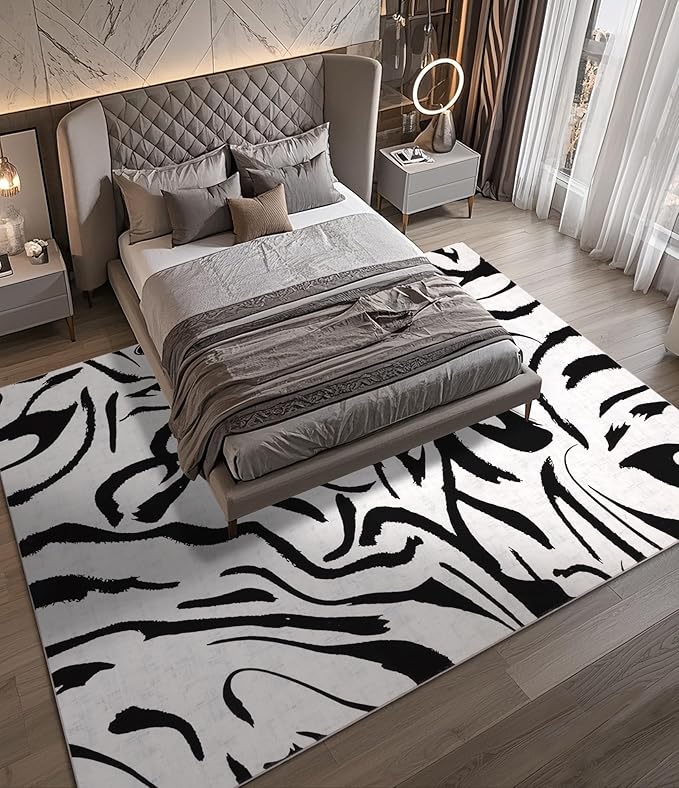 YIHOUSE Modern Area Rugs for Living Room, 8x10 Washable Black and White Rug, Thin Abstract Geometric Striped Rug, Area Rug for Bedroom,Kitchen,Dining Room,Office