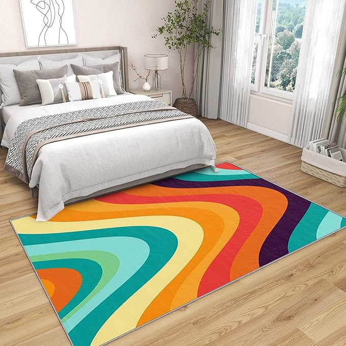 Retro Rugs for Living Room 70s - 2x3 ft, Abstract Wave Rug, Colorful Rainbow Area Rug, Groovy Geometric Washable Door Mat for Entryway, Kitchen, Mid Century Retro 70s Home Decor & Gifts