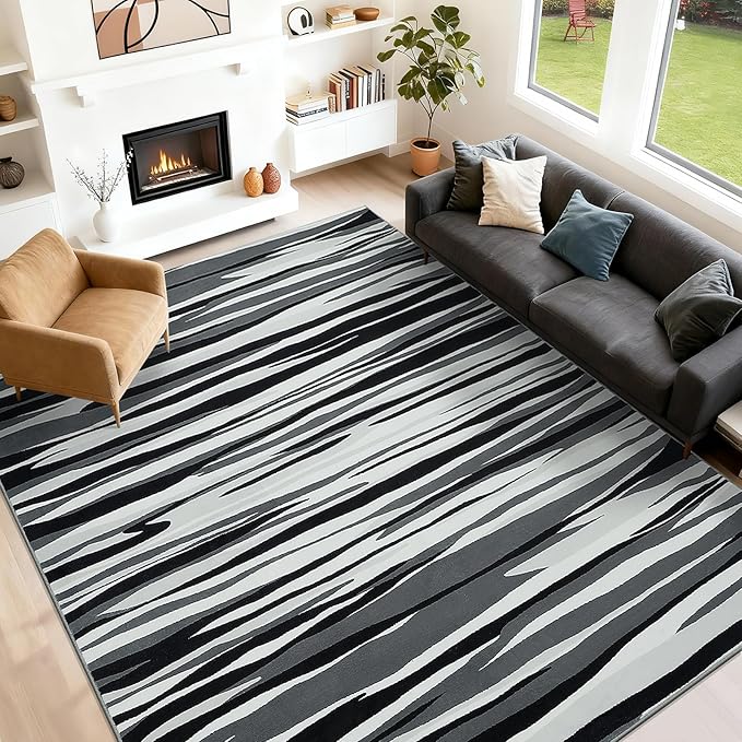 YIHOUSE 6×9 Ft Area Rugs for Living Room: Modern Abstract Black Grey and White Rug - Nonslip Washable Striped Rug for Bedroom Dining Room Office Playroom Nursery Home Decor
