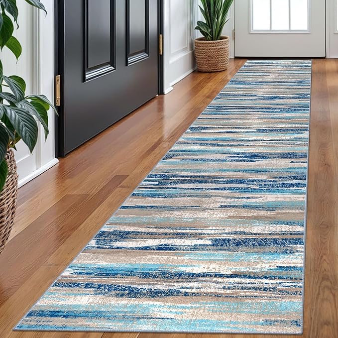 Modern Abstract Runner Rug 2x10, Blue Washable Long Kitchen Non-Slip Soft Hallway Thin Print Faux Wool Carpet for Entryway Bedroom Laundry Room Indoor Home Decor