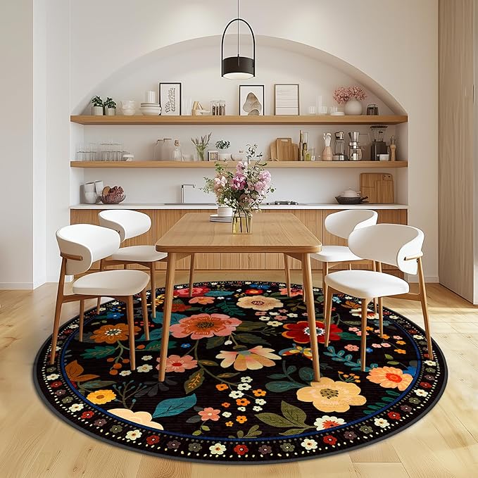 Floral 4ft Area Rug Machine Washable Soft Print Boho Carpet Non Slip Doormat Low Pile Flower Area Rugs for Living Room Bedroom Nursery Kitchen Dining Room Indoor-Black