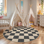 LIVEBOX Checkered Round Rug 4 Ft Washable Area Rug for Playroom, Kids Non-Slip Neutral Classic Circle Rug Geometric Large Carpet Soft Boys Rug for Classroom Dorm Bedroom(Black,120R)