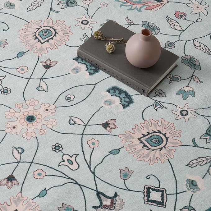 EVERGRACE Area Rugs for Entryway 2x3, Boho Floral Faux Wool Indoor Outdoor Small Rugs, Washable Rugs for Bedroom Bathroom Laundry Doormat, Low Pile Floor Mat Carpet for Home Decor, Pale Blue