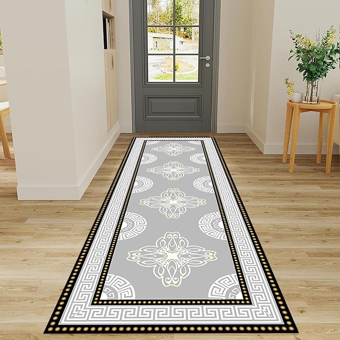 Boho Long Runners Carpet, 2.6x10ft, Modern Geometric Bohemian Print with Greek Key Grey Long Hallway Rug, Low-Profile Non Slip Rubber Backed Flat Rugs for Relax Room Entryways