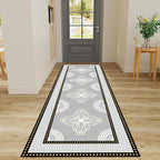 Boho Long Runners Carpet, 2x8ft, Modern Geometric Bohemian Print with Greek Key Grey Long Hallway Rug, Low-Profile Non Slip Rubber Backed Flat Rugs for Relax Room Entryways